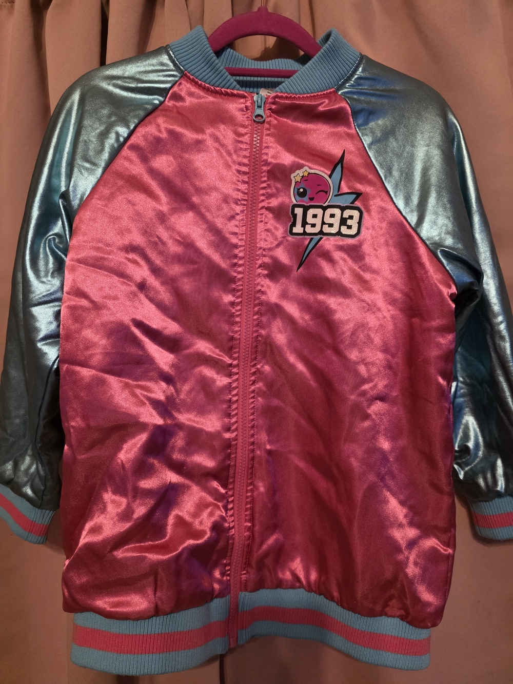 L.O.L. Surprise! Pink Satin Bomber Jacket with Metallic Blue Sleeves